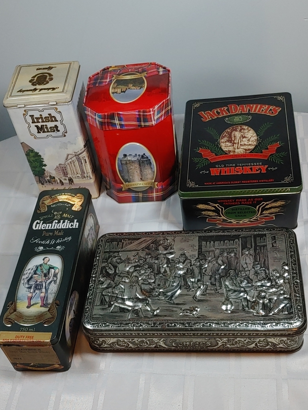 Decorative Tins, Including Vintage Teniers, Jack Daniels, Set of 5